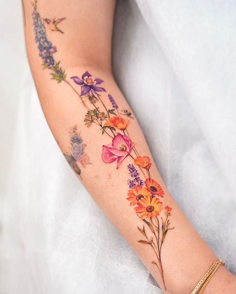 Grandkids Tattoos, Magpie Tattoo, Wrap Around Tattoo, Colorful Tattoo, Flower Wrist Tattoos, Wildflower Tattoo, Floral Tattoos, Tattoos For Women Flowers, Flower Tattoo Arm