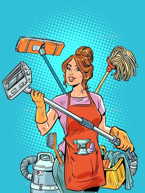 A Beautiful Housewife Girl Organizes Cleaning and Pinup Cleaning Lady, Cleaning The House Aesthetic, Girl Cleaning House, Cleaning Pictures For Business, Cleaning Lady Pictures, Cleaning Advertising Ideas, Housewife Illustration, Cleaning Illustration, Cleaning Ads