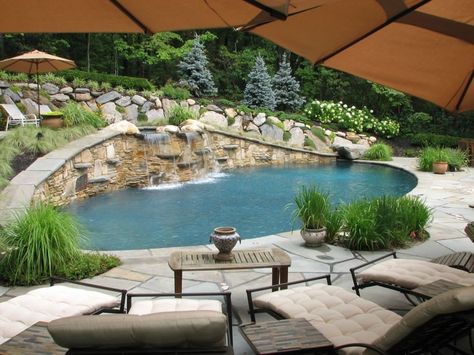 Swimming Pool Waterfall Swimming Pool Sitescapes Landscape Design Stony Brook, NY Pool Waterfall Landscaping, Sloped Backyard Ideas, Hillside Pool, Waterfall Landscaping, Swimming Pool Waterfall, Sloped Backyard Landscaping, Backyard Ideas On A Budget, Sloped Yard, Sloped Backyard