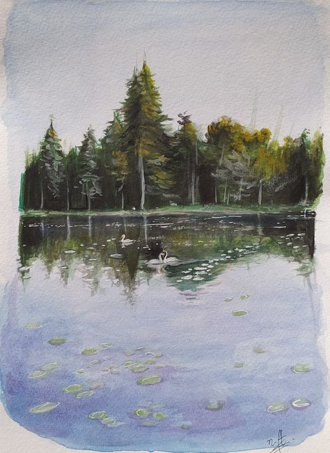 Watercolor painting pond swans landscape nature Swans In A Pond, Pond Watercolor, Pond Painting, Dark Nature, A Pond, Art Appreciation, Art Instagram, Swans, How To Paint