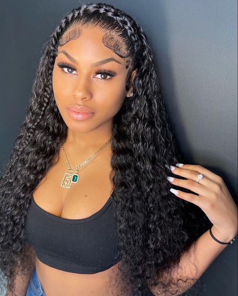 Birthday Hairstyles For Black Women Curly Hair, Two Braids With Curly Hair In The Back, Sew In With Braids On The Side, Braid In The Front Weave In The Back, Sew In And Braids, Braid Front Weave Back, Braid Across Front Of Hair Frontal, Front Braid Hairstyles Black Women, 2 Braids With Curly Hair In The Back