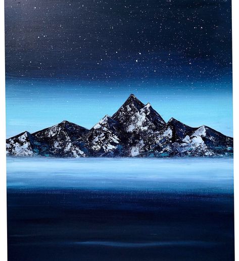 Mountains painting. acrylics on canvas Moon And Mountains Painting, Night Mountain Painting, Easy Mountain Painting, Mountain Painting Acrylic, Lights Painting, Mountains At Night, Mountains Painting, Northern Lights Painting, Dark Mountains