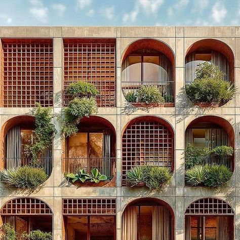 Concrete Balcony, Mediterranean Windows, Facades Design, Vernacular Design, Solar Shading, Window Balcony, Urban Design Architecture, Green Facade, Contemporary House Exterior