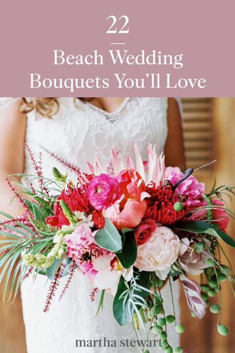 These are some of our favorite beach wedding bouquets to inspire your own. You'll find that each arrangement, from minimalistic clutches with neutral color palettes to bold sprays in brilliant hues, stirs up dreams of coastal paradise. #weddingideas #wedding #marthstewartwedding #weddingplanning #weddingchecklist Beach Wedding Flower Arrangements, Flowers For Beach Wedding, Beach Wedding Bouquet Ideas, Beach Wedding Florals, Beach Bridal Bouquet, January Wedding Flowers, Beach Wedding Bouquet, Beach Bouquet, Orchid Bouquet Wedding