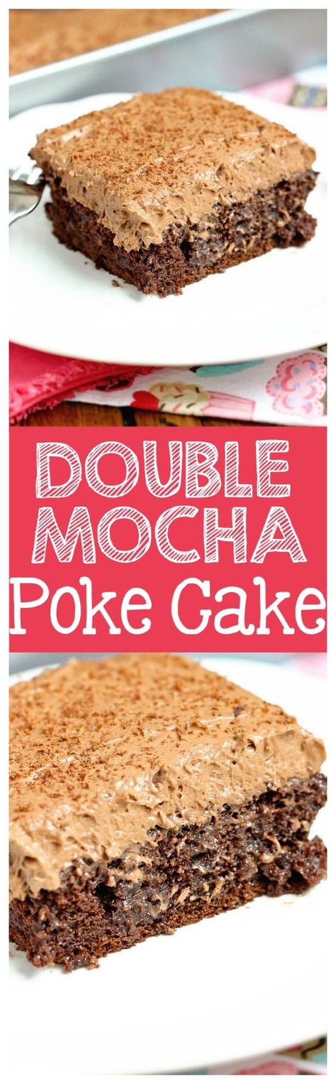 Double Mocha Poke Cake - An easy poke cake recipe using a box cake mix doctored up with pudding mix and expresso powder. It's topped with a heavenly mocha pudding whipped icing! Mocha Poke Cake, Mocha Pudding, Easy Poke Cake, Jello Parfait, Whipped Icing, Poke Cake Recipe, Poke Cake Recipes, Poke Cakes, Homemade Cake Recipes