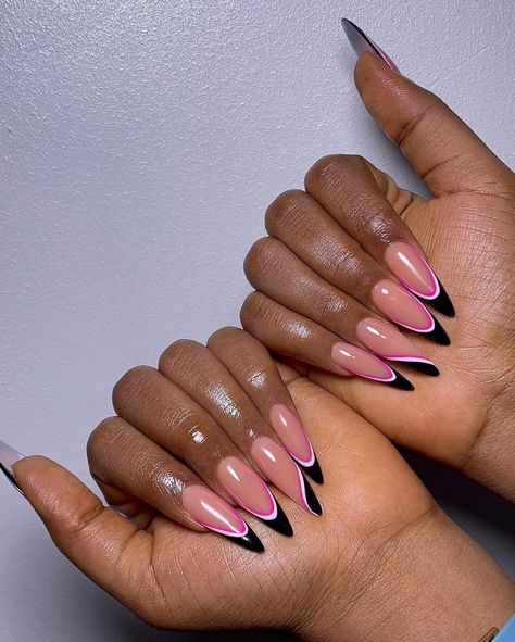 White And Pink French Tip, Nails White And Pink, French Tip Nails White, Black French Tip Nails, Pink French Tip Nails, Pink French Tip, Black French Tip, Colored Acrylic Nails, Pink French