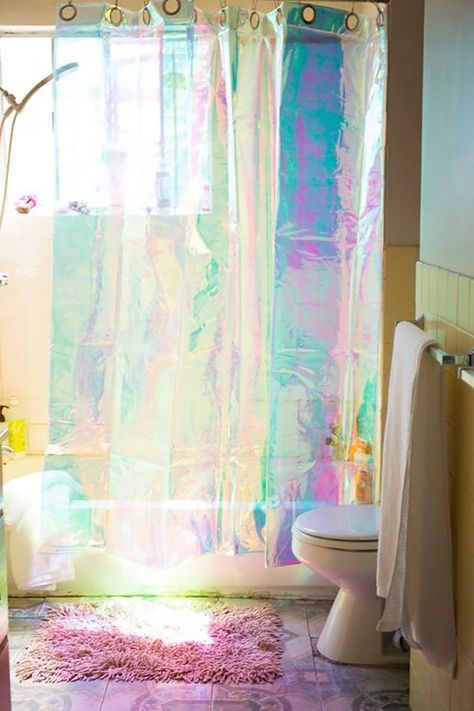 STYLECASTER | 23 Shower Curtains to Shop, Because Your Bathroom Deserves an Upgrade, Doesn't It? Iridescent Bathroom Decor, Colorful Shower Curtains, Iridescent Decor, Urban Outfitters Curtains, Iridescent Light, Cute Shower Curtains, Curtains Bathroom, Plywood Furniture, Design Del Prodotto