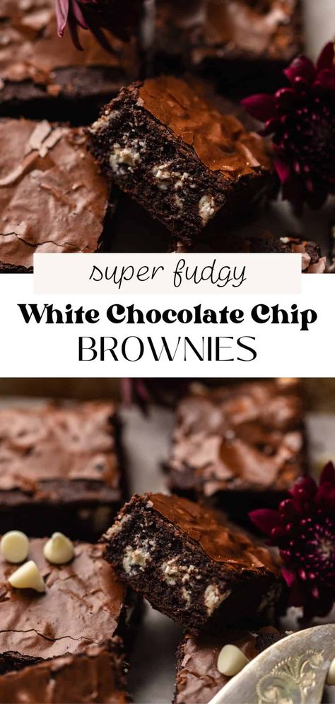 With three kinds of chocolate, these white chocolate chip brownies are the ultimate sweet treat for chocolate lovers. They come together in one bowl, bake up in under 40 minutes, and have an incredibly soft and fudgy texture plus perfectly shiny crinkled tops! White Chocolate Chip Brownies Recipes, Brownies With White Chocolate Chips, White Chocolate Chip Brownies, Brownies With White Chocolate, Dark Chocolate Brownies Recipe, White Chocolate Brownies Recipe, Health Dessert Recipes, White Chocolate Recipes, Chocolate Chip Brownies