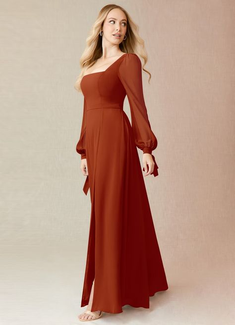 Azazie Leonia Bridesmaid Dresses | Azazie Azazie Paprika Bridesmaid Dresses, Fall Bridesmaid Dress, Long Sleeve Floor Length Dress, Long Sleeve Bridesmaid Dresses, Red Bridesmaid Dress, Abbey Wedding, Life Plans, Rust Bridesmaid Dress, Flower Midi Dress