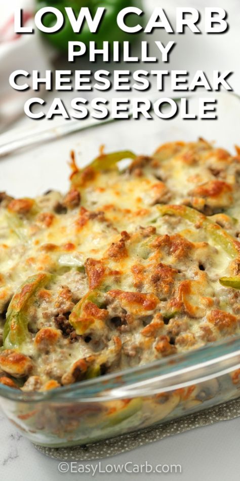 Low Carb Philly Cheesesteak Casserole Recipe is simple to cook and it's so delish. Everyone needs a copy of this tasty ground beef recipe that mimics the famous sandwich. Melted provolone cheese, peppers, and onions with fried mushrooms, and a creamy sauce come together to make the best comfort food casserole. #phillycheesesteakcasserolerecipe #lowcarbphillycheesesteak #bestrecipesfordinner #easylowcarb Recipes With One Pound Of Ground Beef, Cheese Steak Casserole, Philly Cheese Steak Casserole Recipe, Philly Cheesesteak Casserole, Cheesesteak Casserole, Steak Casserole, Philly Cheese Steak Casserole, Philly Steak, Cheesesteak Recipe