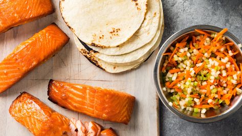 Smoked Fish Tacos | Cook's Country Sweet Slaw, Cashew Dip, Cooks Country, Cooks Country Recipes, Lemon Garlic Salmon, Salmon Tacos, Garlic Salmon, Country Recipes, America's Test Kitchen Recipes