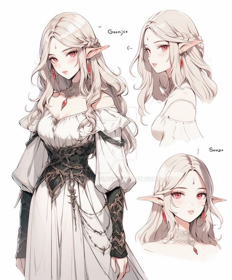 Elf Outfit Ideas Drawing, Elf Animes, Female Outfit Ideas Drawing, Elf Oc Female, Elf Clothes Fantasy Outfit Drawing, Elf Drawings Female, Elf Oc Girl, Elf Oc Character Design, Elf Character Design Female