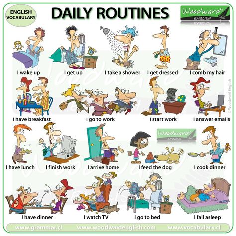 Daily Routines in English | Woodward English All Day Routine, Daily Routine In English, Common English Phrases, English Planner, Woodward English, Daily Rhythm, Planner Desk, Daily Tracker, Daily Organizer