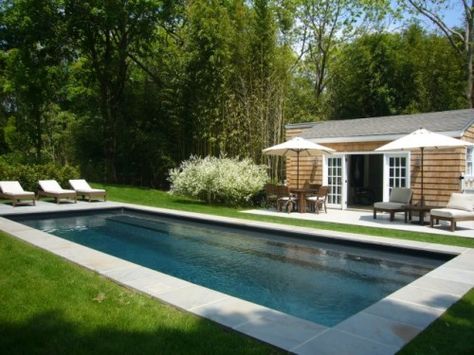 Pool with Concrete Border and Grass.  Shingled Pool House. Country Pool, Moderne Pools, Simple Pool, Rectangle Pool, Backyard Ideas For Small Yards, Fishermans Cottage, Pools Backyard Inground, Pools Backyard, Cool Swimming Pools