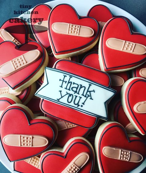 Chd Cookies, Heartaversary Chd Party, Anatomical Heart Cookies, Surgery Cookies, Band Aid Cookies, Thank You Cookies For Hospital Staff, Heart Cookies Decorated, Medical Cookies, Nurse Cookies