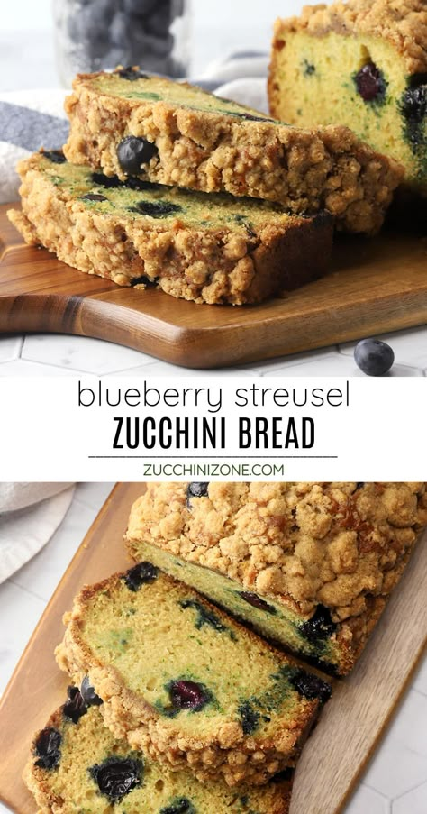 Blueberry streusel zucchini bread is the perfect quick bread for summer. It's filled with fresh blueberries and topped with a sweet brown sugar streusel. Zucchini Sweets, Zucchini Blueberry Muffins, Summer Squash Bread, Blueberry Zucchini Muffins, Healthy Zucchini Bread, Zucchini Desserts, Blueberry Zucchini Bread, Blueberry Zucchini, Blueberry Streusel