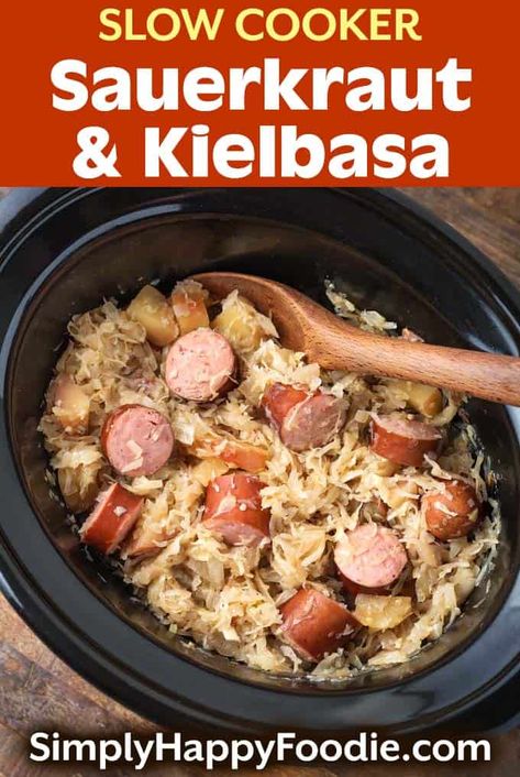 Slow Cooker Sauerkraut and Kielbasa is a delicious comfort food meal. With smoky kielbasa and tart sauerkraut, this slow cooker one-pot meal is a family favorite. This crock pot sauerkraut and kielbasa recipe is a keeper! simplyhappyfoodie.com #slowcooker #crockpot #sauerkraut #kielbasa Smoked Sausage And Sauerkraut Crockpot, Crockpot Polish Sausage And Sauerkraut, Sauerkraut And Sausage Crockpot, Polish Sausage And Sauerkraut Crockpot, Crockpot Sausage And Sauerkraut, Keilbasa And Sauerkraut Recipes, Kielbasa Slow Cooker, Kielbasa And Sauerkraut Crockpot, Slow Cooker Sauerkraut