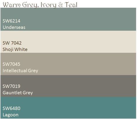 Warm Grey, Ivory, & Teal color palette.  These are the paint colors I will be using in my house.  Shoji white for ceilings and trim Intellectual Grey for the living, dining and kitchen Gauntlet Grey for Bedroom Underseas for bathroom Lagoon as accent in art niches Teal Kitchens, Bathroom Exterior, Exterior Paint Colours, Intellectual Gray, Teal Paint Colors, Bathroom Grey, Teal Color Palette, Teal Bathroom, Shoji White