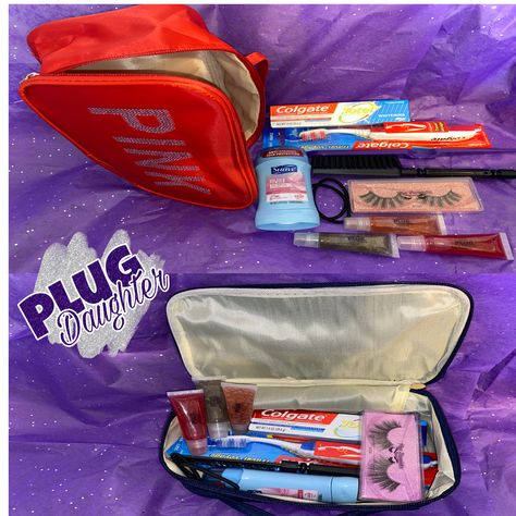 we offer 4 different colors of our  spend a night bags and they include 
3 lip glosses 
1 pair of eye lashes 
1 tooth brush 
1 tooth paste 
2 ponytails 
1 hair brush 
1 comb 
1 deodorant Sneaky Link Bag, Spend The Night Bag List, Spend A Night Bag, Boujee Bags, Spend The Night Bag, Sneaky Link, Diy Gifts To Sell, Bag Ideas, Overnight Bag