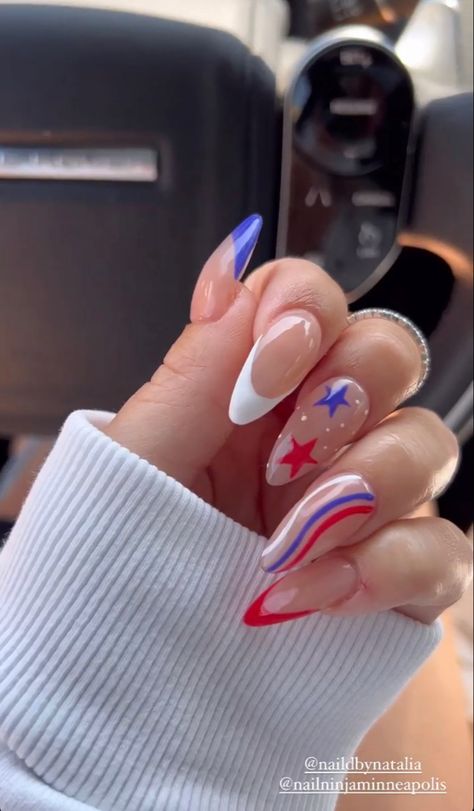 Trendy Fourth Of July Nails, 4th July Acrylic Nails, Almond Nails Fourth Of July, Acrylic Nails Ideas Summer 2023, 4th Of July Abstract Nails, Classy July 4th Nails, Short Almond Acrylic Nails 4th Of July, Summer Gel Nails Ideas Fun 4th Of July, Fourth Of July Nails Coffin Shape