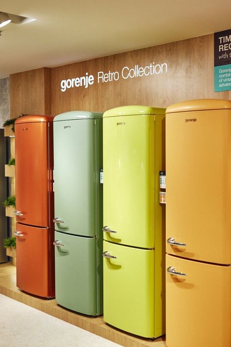 Gorenje Retro Fridge, Retro Fridge Kitchen, Jovial Playground, Tiny Cottage Kitchen, Retro Appliances, Retro Fridge, Retro Collection, Apartment Decor Inspiration, Fridge Freezer