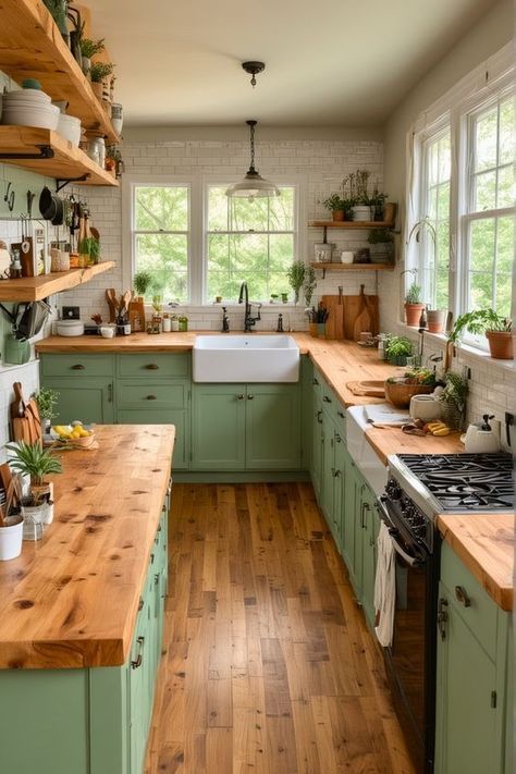 Sage Kitchen, Sage Green Kitchen, Green Kitchen Cabinets, Casa Country, Cottage Kitchens, Green Cabinets, Boho Kitchen, Kitchen Themes, Cottage Kitchen