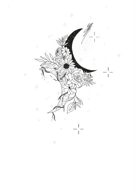 Half Moon Tattoo With Flowers, Flower Moon Tattoo Designs, Half Moon Drawing, Half Moon Tattoo, Baby Tattoo Designs, Moon Tattoo Designs, R Tattoo, Moon Drawing, Baby Tattoos