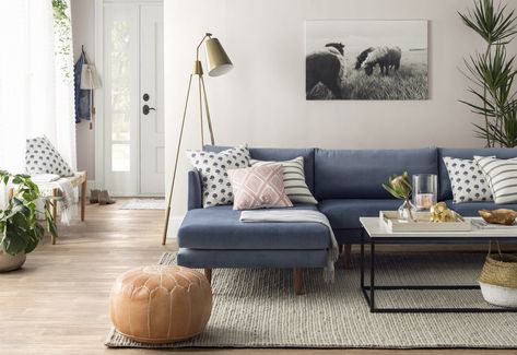 Celia Velvet Sectional & Reviews | Joss & Main Coastal Style Interior, Eclectic Living Room Design, Interior Livingroom, Apartment Vibes, Virginia House, Living Room Trends, Eclectic Living Room, The Pillow, Blue Sofa