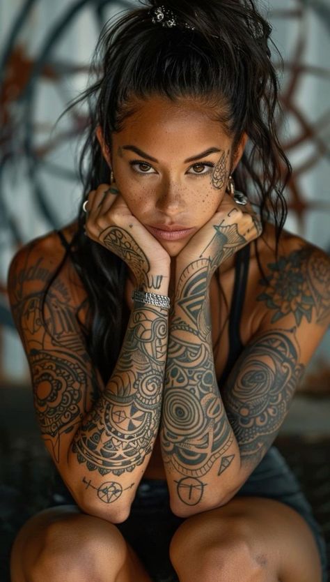 Tattoo Model Photography, Exotic Tattoos, Viking Warrior Tattoos, Female Tattoo Models, Arte Pin Up, Tattooed Woman, Tattoed Women, Tattoo Henna, Women Tattoos