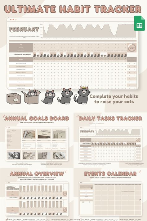 Track your habits in style with the Aesthetic Earthy Brown Cute Cat Theme Habit Tracker Google Sheets Template Dashboard by Pawfect Plan. This adorable and interactive template offers yearly, monthly, weekly, and daily trackers to help you improve your health, work-life balance, and prioritize what Google Sheets Tracker, Google Sheets Templates, Habit Tracker Ideas, Dashboard Design Template, Life Tracker, Habit Tracker Template, Spreadsheet Design, Budget Template Free, Project Management Templates