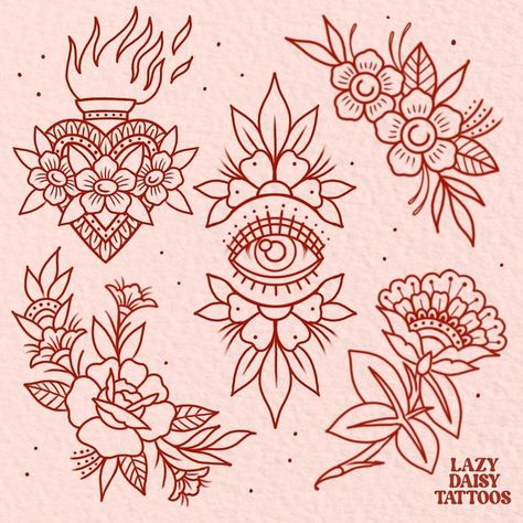 Latino Inspired Tattoos, Feminine Flash Tattoo, American Traditional Flower Tattoo Designs, Botanical Flash Tattoo, Cute Traditional Tattoo Flash, Daisy Tattoo American Traditional, Flash Sheets Tattoo, Traditional Flower Flash Tattoo, Traditional Style Daisy Tattoo