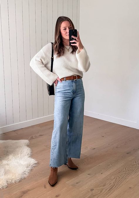 Winter Jeans Outfit Work, Wide Leg Jean Trousers Outfit, Raw Hem Wide Leg Jeans, Women Wide Leg Jeans Outfit, Wide Crop Jeans Outfit, Wide Leg Jeans Outfit Cropped, High Rise Wide Leg Crop Jeans Outfit, Wide High Waist Jeans Outfit, How To Style Wide Leg Jeans In Winter