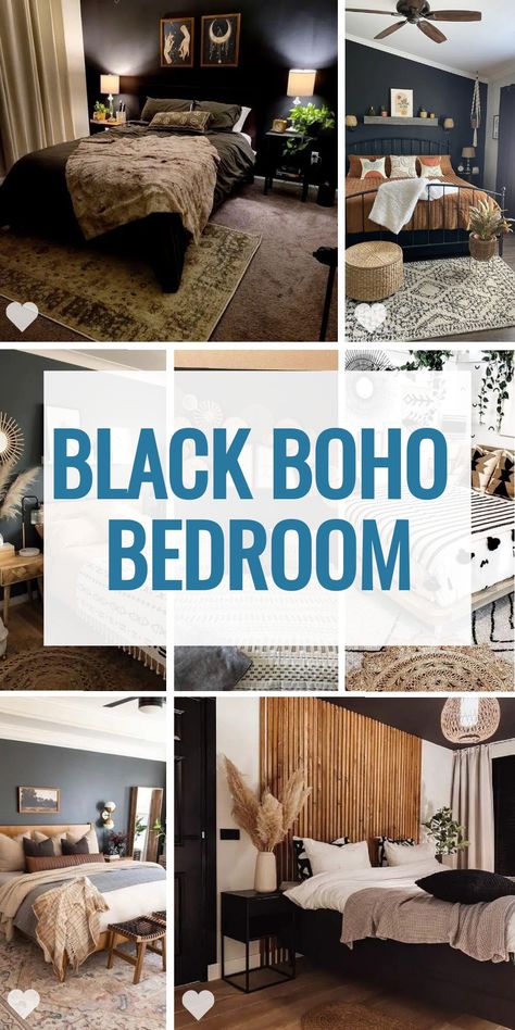 Add a touch of elegance to your black boho bedroom with inspirations that incorporate white and blue decor. These ideas blend tranquility with bohemian flair, perfect for crafting a peaceful yet vibrant haven. Black Boho Bedroom, Sage Green And Black, Boho Bedroom Design, Boho Bedroom Ideas, Boho Elements, Patterned Bedding, Decor Elements, Black Bedroom, Dark Walls