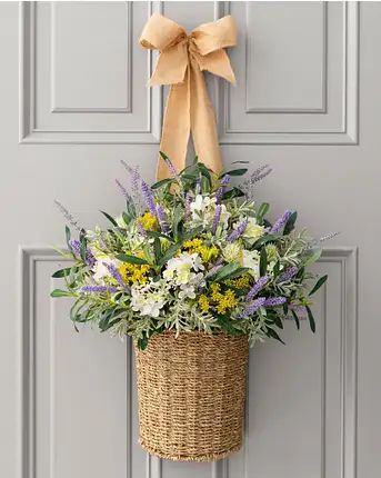 Bring home the beauty and romance of springtime in Paris. Everyone is sure to fall in love with the charming look of this floral market-inspired collection designed by Courtney for Balsam Hill. | French Market Hanging Door Basket Hanging Basket Decor, Front Door Baskets, Door Basket, Slim Tree, Spring Basket, Spring Floral Wreath, Traditional Wreath, Christmas In July Sale, French Market