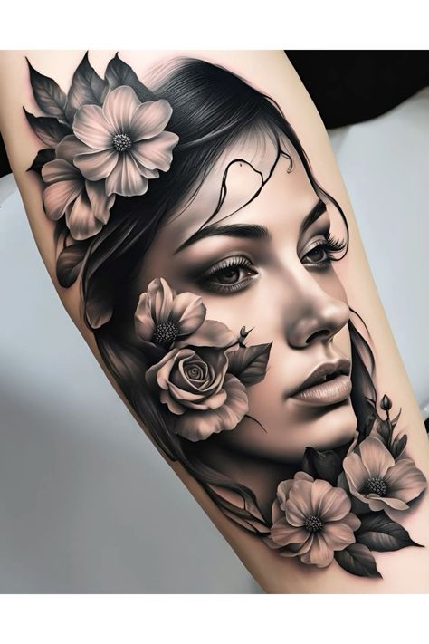 Lady Face Tattoo Design, Face Tattoo Design, Portrait Tattoo Sleeve, 30 Tattoo, Mother Nature Tattoos, Lady Face, Floral Tattoo Design, Face Tattoos, Sun Tattoo