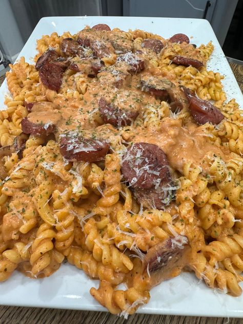 Creamy Smoked Sausage Pasta Creamy Smoked Sausage Pasta Recipes, Pasta With Sausage Links, Meals With Eckrich Sausage, Pasta Recipes With Kielbasa, Sausage Pasta Recipes Creamy, Recipes With Beef Sausage Link, Andouille Sausage Skillet, Louisiana Sausage Recipes, Smoked Sausage Sides