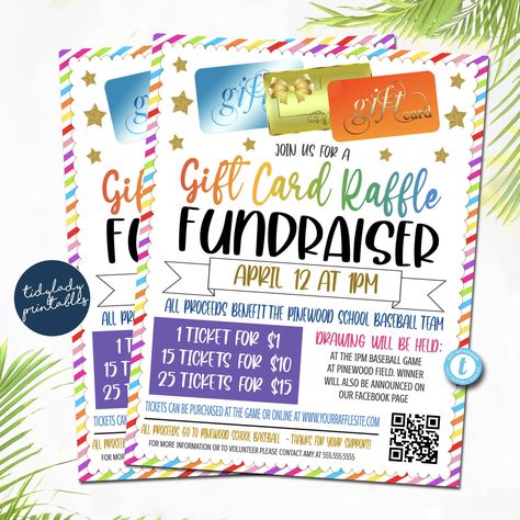 "Gift Card Raffle FUNDRAISER FLYER TEMPLATE  *ALL TEXT IS EDITABLE SO YOU CAN CREATE THIS TO SAY WHATEVER YOU WISH - TO CUSTOMIZE FOR YOUR SCHOOL OR ORGANIZATION!  Looking for a unique fundraiser event idea?! This printable gift card raffle fundraiser flyer template is great for your event! An awesome tool for your school PTO PTA Organization, business, church, nonprofit or other organization to raise money for your cause!  Full Editing Options With Templett.com TRY BEFORE YOU BUY! Copy and past Talent Show Fundraiser, Winter Fundraiser Ideas School, Gift Card Raffle Display, Gift Card Fundraiser, Fund Raiser Ideas, Unique Fundraising Ideas, Raffle Fundraiser, Pta Organization, Cheer Fundraiser