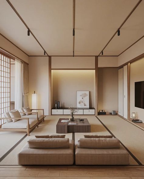 Minimalist Zen: A Modern Japanese Living Room Find your inner peace in this serene, minimalist living room. Clean lines, natural wood accents, and a neutral color palette create a calming atmosphere. Perfect for relaxation and unwinding. . . . . . #JapaneseDesign #InteriorDesign #woodwork #LivingRoom #HomeDecor #Modern #woodcraft Modern Japanese Style Interior, Relaxing Room Ideas Zen, Japanese Minimalist Living Room, Relaxing Room Ideas, Modern Japanese Living Room, Japanese Style Interior, Natural Wood Accents, Japanese Living, Japanese Living Room