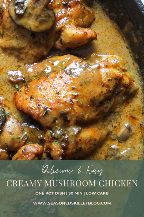 This one skillet chicken dinner is tender, flavourful and absolutely delicious! We're talking pan-fried chicken smothered in a creamy mushroom sauce and ready in under 30min! Chicken Thighs With Mushroom Gravy, Skillet Chicken With Mushroom Gravy, Skillet Chicken With Mushroom Wine Sauce, One Skillet Chicken Dinner, Cream Of Mushroom Sauce, Skillet Chicken Dinner, One Skillet Chicken, Skillet Chicken Thighs, Chicken Thighs Mushrooms