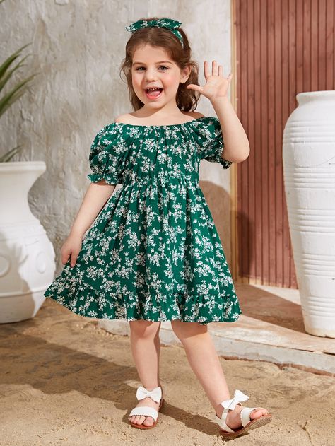 Green Boho Collar Half Sleeve Woven Fabric Floral,All Over Print A Line Embellished Non-Stretch  Toddler Girls Clothing Baby Dress Embroidery, Toddler Girl Dress, Toddler Girl Clothes, Shein Kids, Girls Dresses Sewing, Kids Dress Wear, Summer Baby Clothes, Baby Dress Design