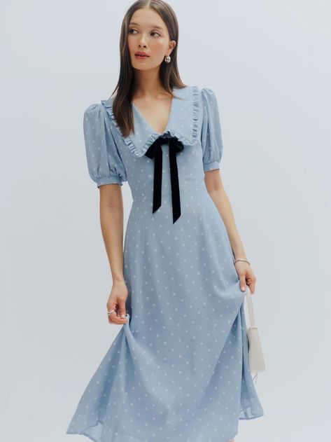 Buchanan Dress - Short Sleeve | Reformation Romantic Midi Dress, Regency Dresses, Elegant Preppy, Exaggerated Collar, Regency Dress, Fall Semester, Essential Dress, Reformation Dress, Silky Dress