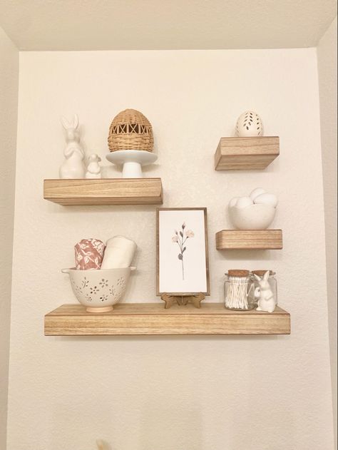 Neutral Easter Bathroom Shelf Styling Easter Shelf Decor Ideas, Easter Bathroom Decor, Bathroom Decor Tiles, Simple Bathroom Decor Ideas, Decorative Tile Bathroom, Bathroom Decor On A Budget, Bathroom Decor Simple, Easter Bathroom, Shelf Above Bed