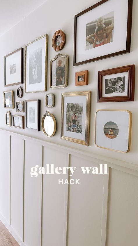 Photo Wall Minimalist, Gallery Wall With Paneling, Home Photo Wall Ideas, Gallery Wall Mismatched Frames, Mix Match Picture Frame Wall, Cool Gallery Wall Ideas, Family Picture Collage Wall Ideas, Dining Gallery Wall, Gallery Wall Unique