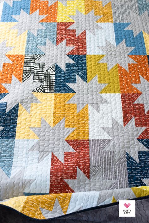 Scrappy Star Pop quilt - Quilty Love Star Pop Quilt Pattern, Accuquilt Patterns Quilt Designs, Quilt Pattern Using Layer Cake, Modern Scrap Quilt Patterns, Celestial Stripes Quilt, Quilt Patterns With Stars, Diamond Star Quilt Pattern, Modern Strip Quilts, Layer Cake Friendly Quilt Patterns