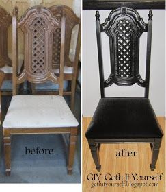 GIY: Goth It Yourself: Dining Chair Revamp Gothic Furniture Diy, Goth It Yourself, Gothic Furniture, Dark Home Decor, Goth Home, Goth Home Decor, Old Chair, Interior Design Diy, Diy Chair