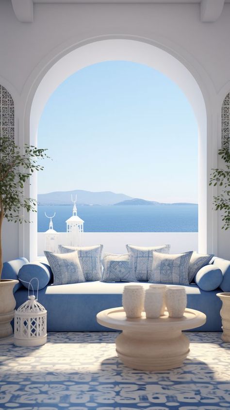 Santorini Room Interior Design, Greek Inspired Living Room, Greece Garden Ideas, Greek Home Design, Greek House Decor, Santorini Living Room, Greek Design Interior, Santorini Style Home, Greek Decor Living Room