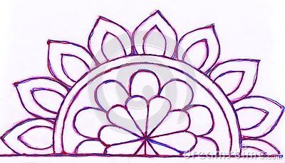 A gel pen hand drawn semi circular petaled design of a half circle on paper. Mat Rangoli Sketch, Half Kolam Design, Rangoli Designs In Semi Circle, Simple Rangoli Designs Half Circle, Diwali Rangoli Half Circle, Circular Rangoli Designs Diwali, Simple Circle Rangoli Design, Rangoli In Circle Design, Easy Circle Rangoli Designs