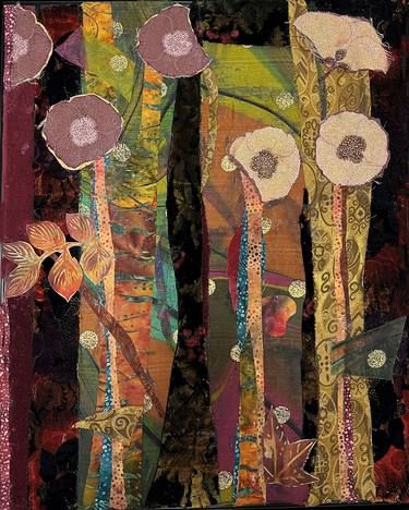 Sylvan 7 Collage by Alice Harrison | Saatchi Art Abstract Applique Designs, Scrap Fabric Art, Framed Fabric Art, Fabric Collage Art, Fabric Art Tutorials, Fabric Covered Canvas, Recycled Fabric Art, Fiber Art Collage, Echo Art