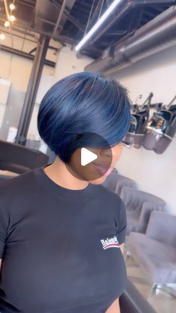 Courtney Pinkk on Instagram: "Turning the new black, BLUE! She asked for an extra short bob, with a custom color that will go with everything… & I DELIVERED! 💙 • •  #coloredbob #blueblackhair #shorthair #cheeklengthbob #atlhair #cutlife #blackhair #sexybob #bobstyle #gorgeoushair #summerbob" Short Bob Weave Hairstyles Sew Ins, Short Bob Wigs For Black Women Side Part, Short Bob Haircuts With Layers Fine Hair Black Women, Round Bob, Short Bob Haircuts For Black Women, Short Bob Weaves Sew In Black Women, Even Bob Black Women, Half Bob Quickweave, Short Bob Weave