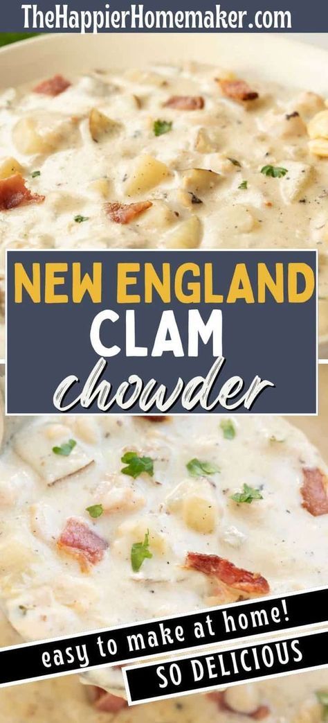 This easy New England Clam Chowder recipe is full of hearty potatoes, smoky bacon, and tender clams. Crockpot Clam Chowder Recipe Slow Cooker New England, Clam Corn Chowder Recipe, Earl's Clam Chowder, New England Clam Chowder Recipe Crockpot, Claim Chowder Recipe, Crockpot Clam Chowder Recipe, Mo's Clam Chowder Recipe, Claim Chowder, Clam Chowder Recipe New England